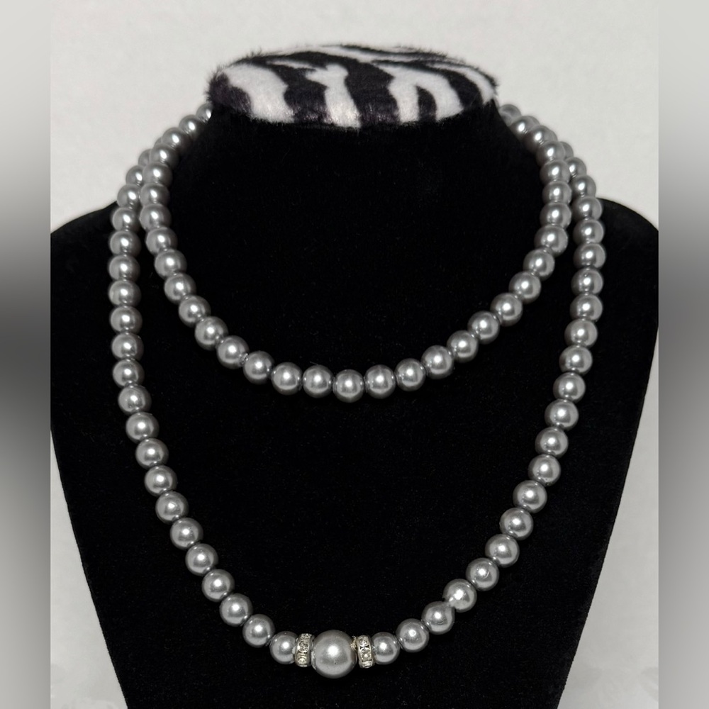 Long Gray Glass Pearl Strand One Large Pearl Accent Rondelle Rhinestone Spacers